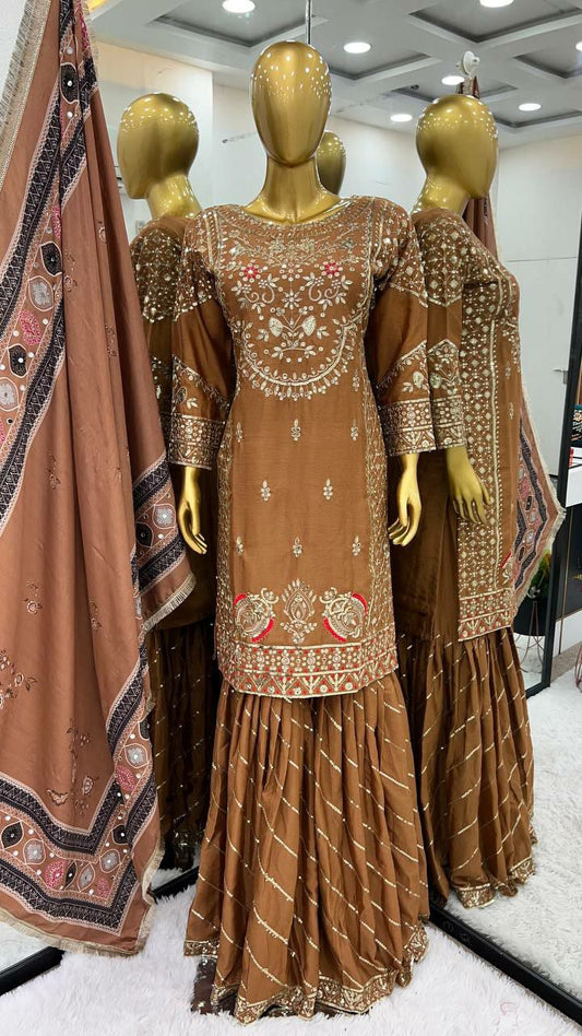 Heavy Chinnon Silk With 5mm Embroidery Sequence Work With Full Sleeve