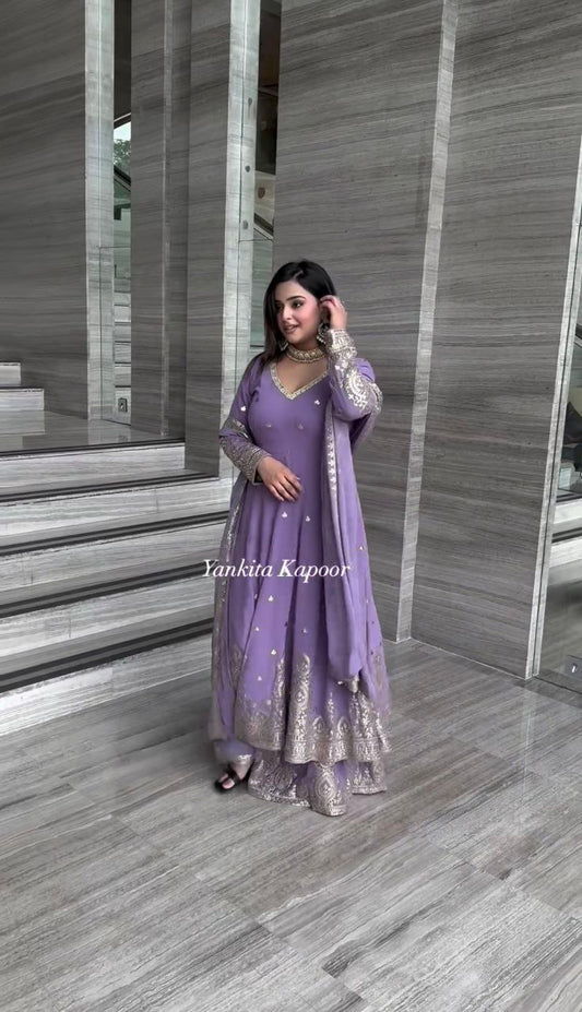 Pure Faux Georgette With Full Heavy Embroidery Sequence Work Full Sleeve Anarkali Dress&nbsp;