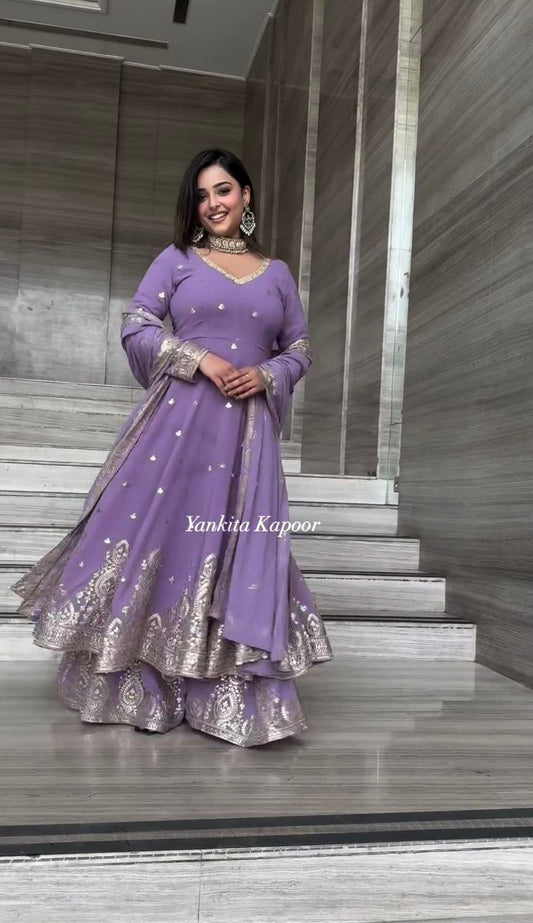 Pure Faux Georgette With Full Heavy Embroidery Sequence Work Full Sleeve Anarkali Dress&nbsp;