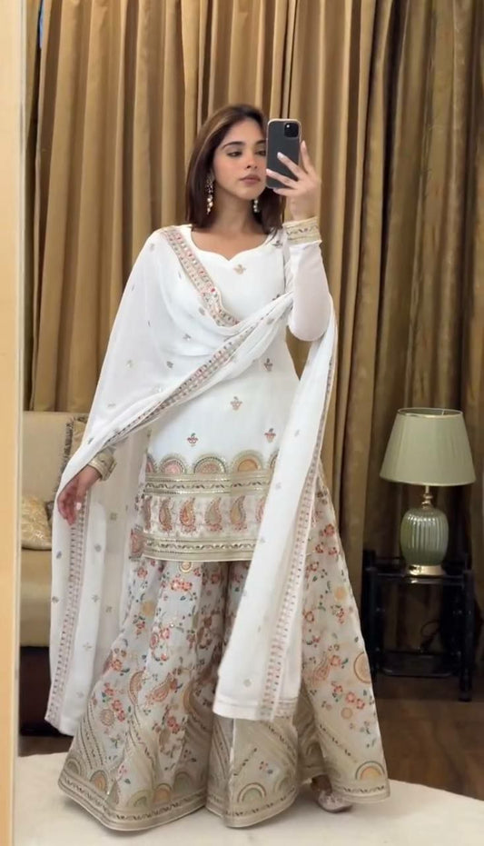 Heavy Georgette With Malty Thread Embroidery Sequence Work with Sleeve White Kurti