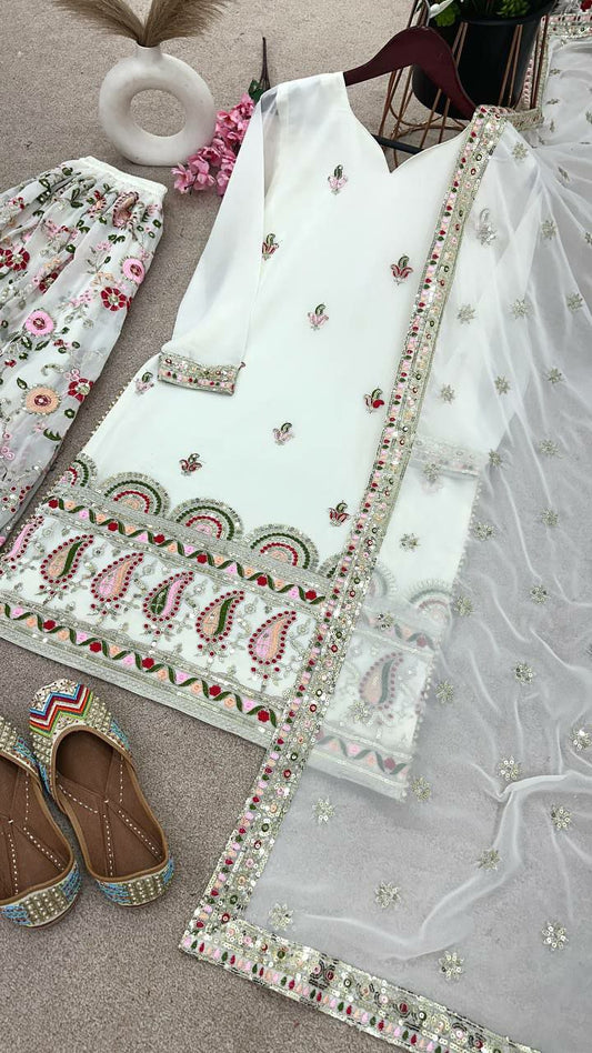 Heavy Georgette With Malty Thread Embroidery Sequence Work with Sleeve White Kurti