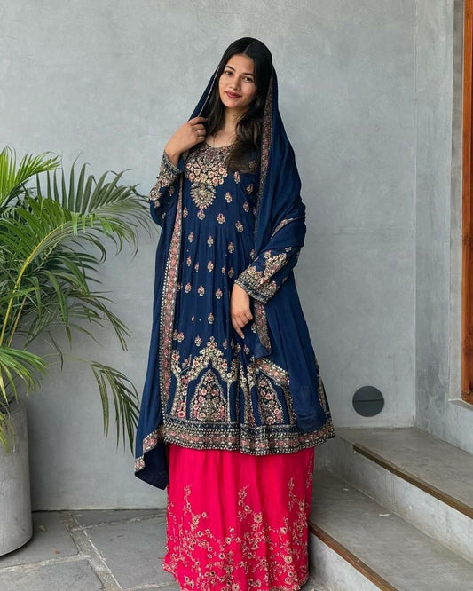 Heavy Faux Georgette With Heavy Embroidery 5 mm Sequence Work With Sleeve With Tassels Sharara Pair
