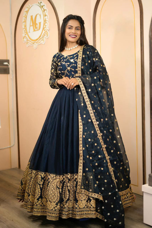 Heavy Blooming Shimmer Silk And Sleeve With Work Gown For Women