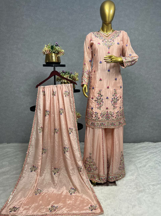 Designe Ready Made Collection Fancy Embroidery And Sequins Work Top - Plazzo With Dupatta