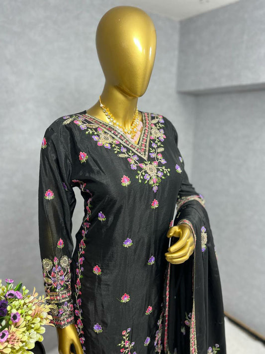 Designe Ready Made Collection Fancy Embroidery And Sequins Work Top - Plazzo With Dupatta