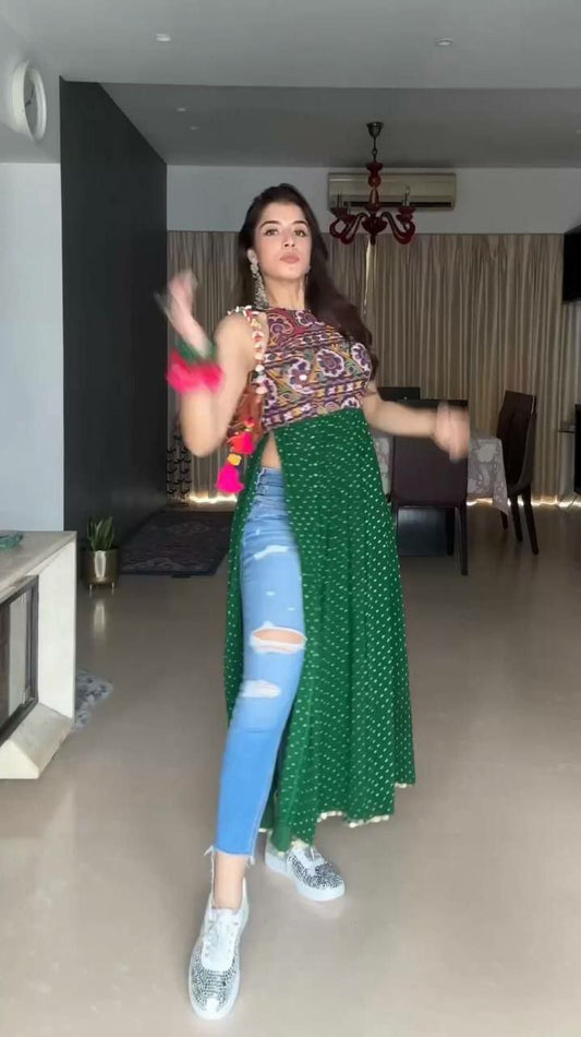 New Green Real Mirror Work Kurti For Navratri