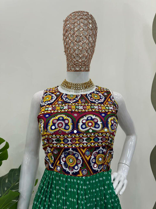 New Green Real Mirror Work Kurti For Navratri
