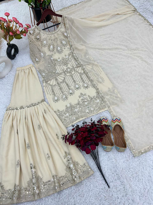 Heavy Faux Georgette With Embroidery Sequence Work with Sleeve and Heavy Lace Kurti For Women