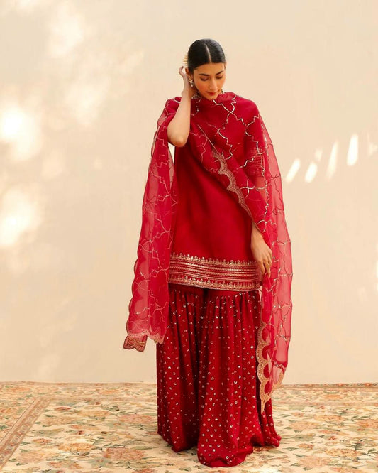 Heavy Faux Georgette With 5mm Embroidery Sequence Work With Full Sleeve Kurti Set