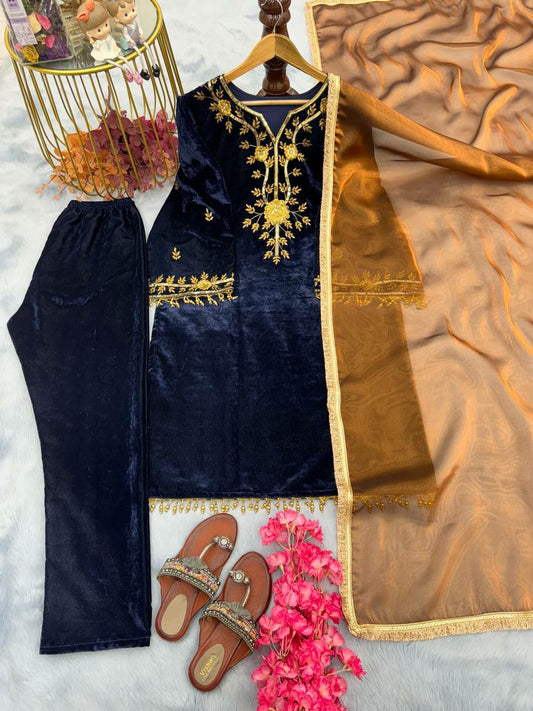 Heavy Pure Viscose Velvet With Embroidery 5 mm Sequence Work With Fancy Latkan With Fancy Bell Sleeve Kurti Set
