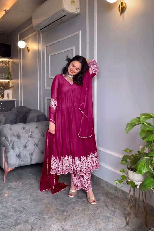 Pure Chinon Silk &amp; Crush With Embroidery Work With Fancy Full Sleeves Gown