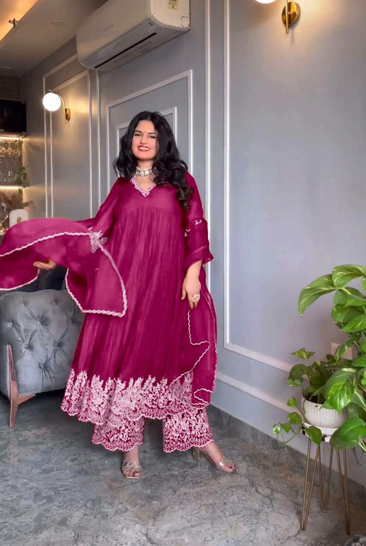Pure Chinon Silk &amp; Crush With Embroidery Work With Fancy Full Sleeves Gown