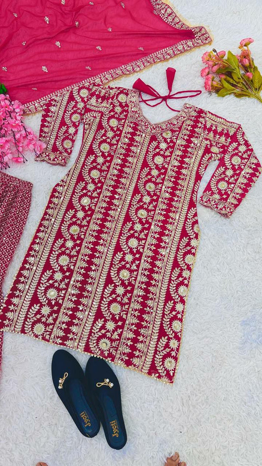 Faux Georgette With Heavy Embroidery Sequence Work&nbsp; Pink Kurti&nbsp; With Full Sleeve