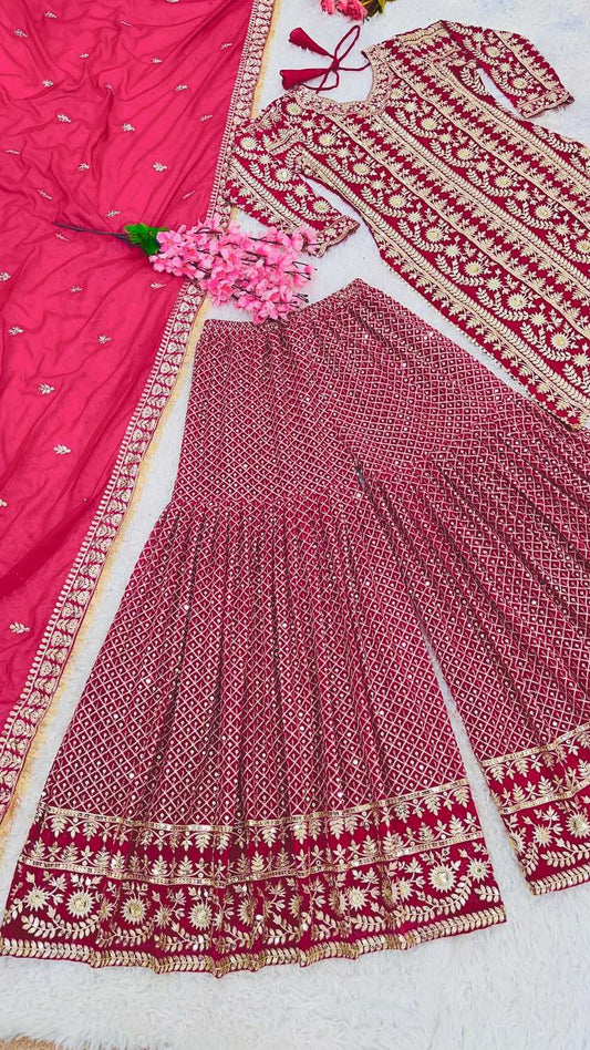 Faux Georgette With Heavy Embroidery Sequence Work&nbsp; Pink Kurti&nbsp; With Full Sleeve