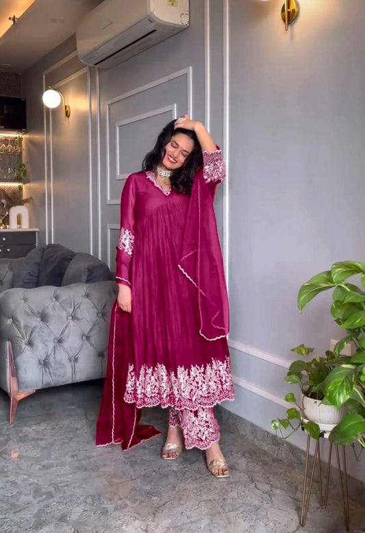 Pure Chinon Silk &amp; Crush With Embroidery Work With Fancy Full Sleeves Gown