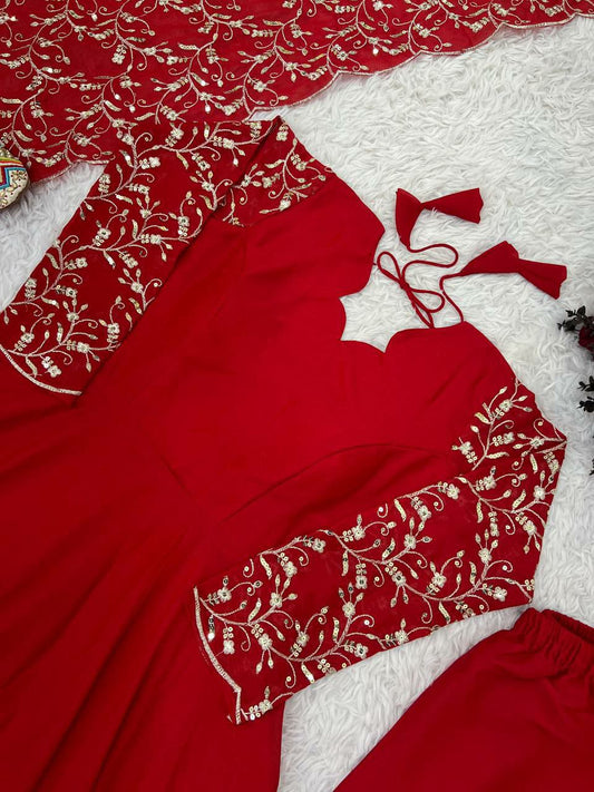 STAR GEORGETTE With Embroidery Sequence Work With Attached Cups With Fully Flair Anarkali Dress