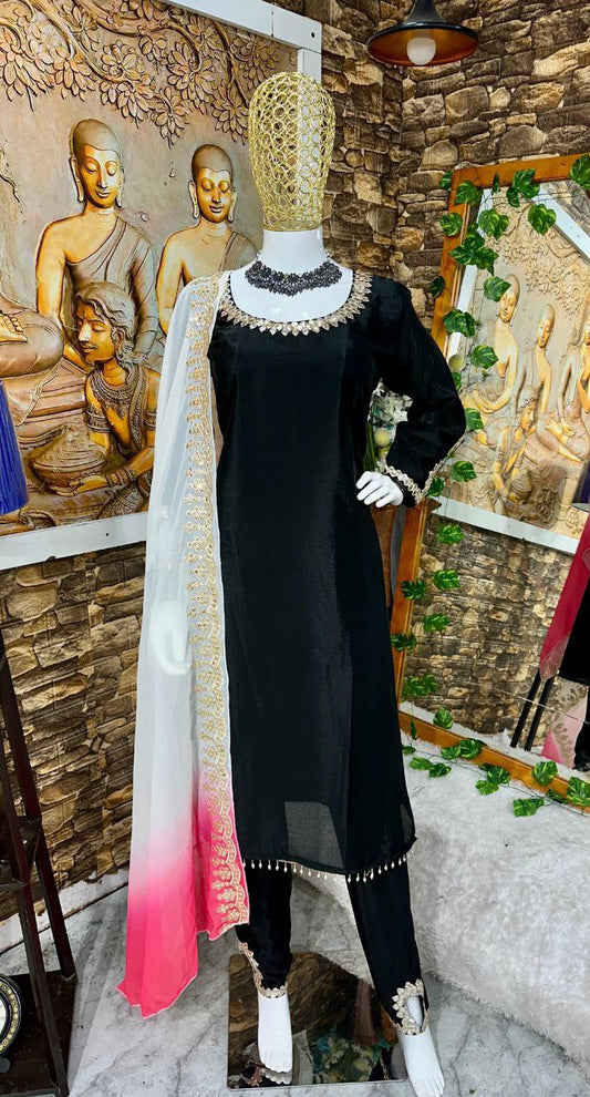 HEAVY CHINON SILK WITH HAVY EMBRODAY MIRROR WORK AND MOTI LACE WORK DRESS