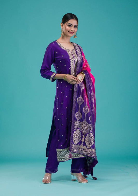 Heavy Chinnon With Heavy Embroidery Sequence Work With Full Sleeves Blue Kurti Set