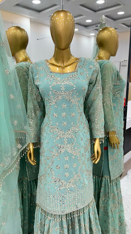 Heavy Faux Georgette with Heavy Embroidery Sequence Work With Full Sleeve Sky Blue Heavy Sharara