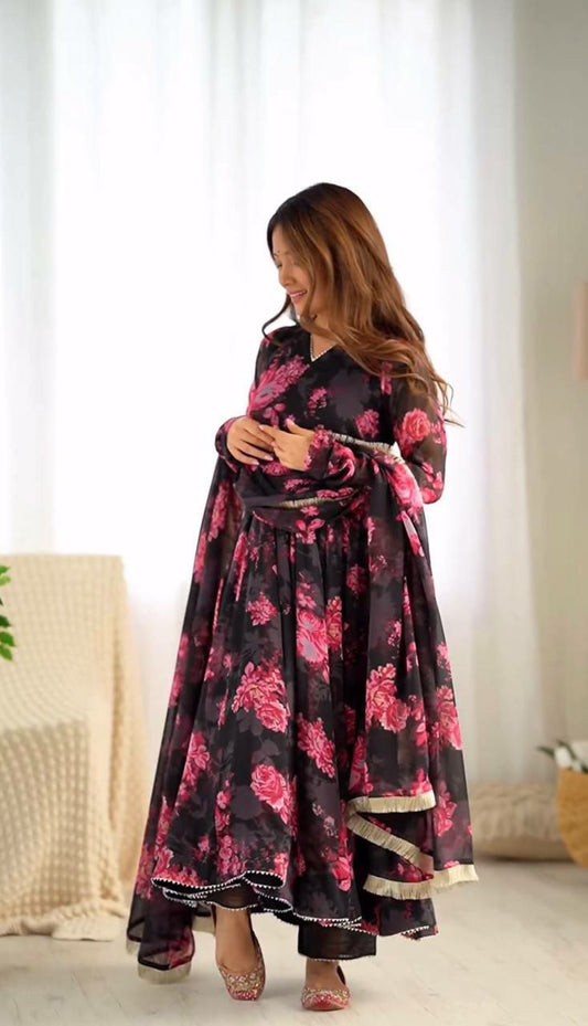 Heavy Faux Georgette With beautiful Digital Print Work With Attached Pad With Full Sleeve and Latkan Dori With Fully Flair Gown