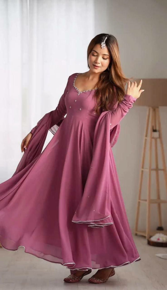 Heavy Faux Georgette With Embroidery Work With Fancy Full Sleeve Pink Gown