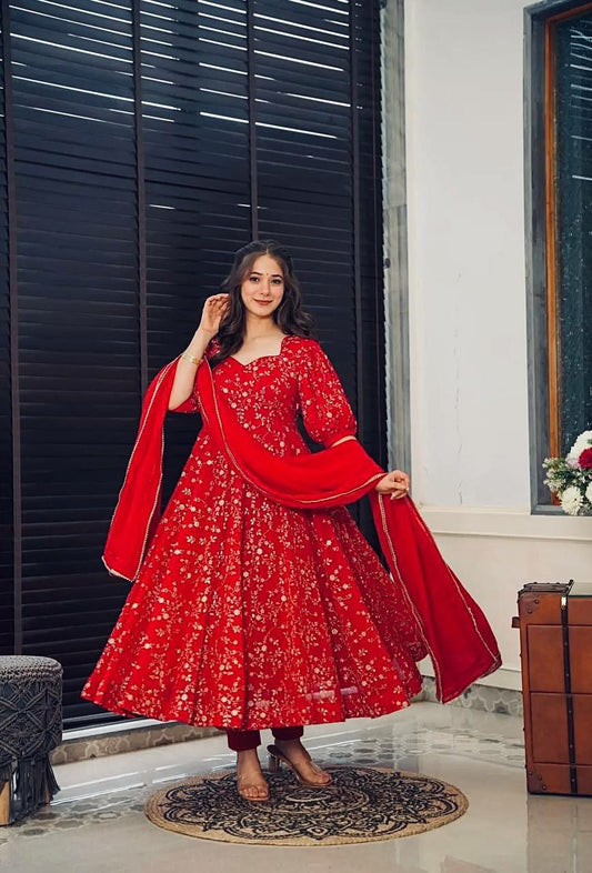 Heavy Faux Georgette With Embroidery Work With Fancy Full Sleeve Red Heavy Anarkali Pair