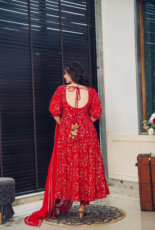 Heavy Faux Georgette With Embroidery Work With Fancy Full Sleeve Red Heavy Anarkali Pair