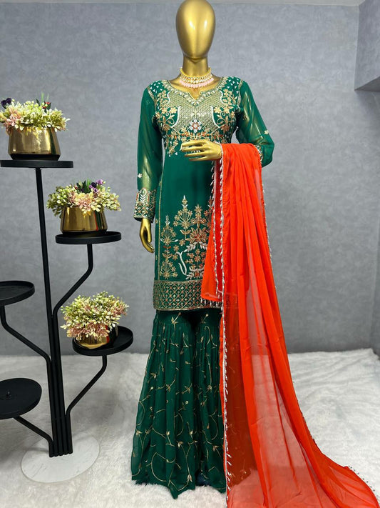 HEAVY FAUX GEORGETTE . WORK : BEAUTIFUL EMBROIDERY SEQUENCE WORK SHARARA PAIR