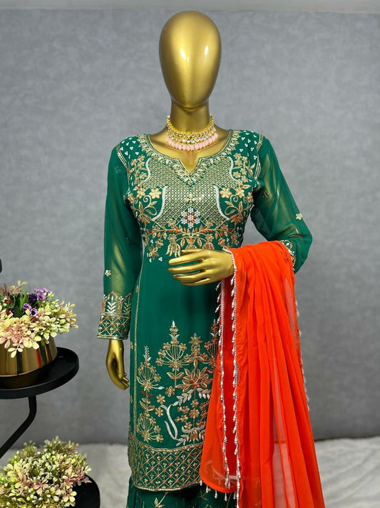 HEAVY FAUX GEORGETTE . WORK : BEAUTIFUL EMBROIDERY SEQUENCE WORK SHARARA PAIR