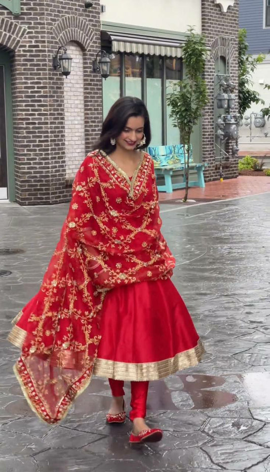 Heavy Faux Georgette With Full Heavy Embroidery Sequence Work with Sleeve Red Gown