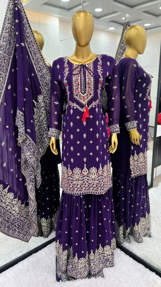 Pure Heavy Chinon Silk With Embroidery Sequence Work with Sleeve Navy Blue Sharara&nbsp;