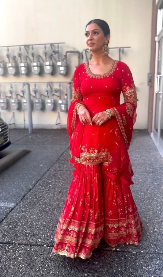 Heavy Faux Georgette Material With 5mm Sequence Embroidery Work. with&nbsp; Long Sleeves Red Shararaa