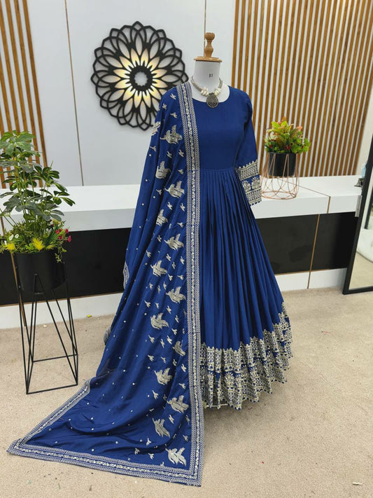 Heavy Chinon Silk With Embroidery Sequence Work With Sleeve (Fullstitched ) Gown