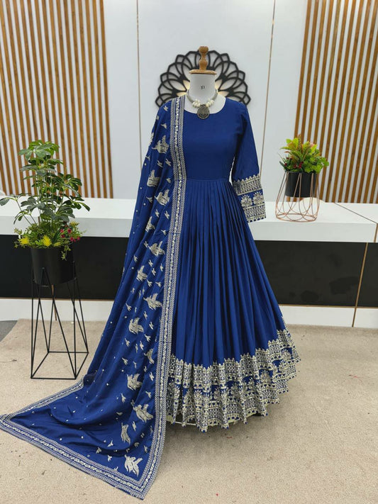 Heavy Chinon Silk With Embroidery Sequence Work With Sleeve (Fullstitched ) Gown