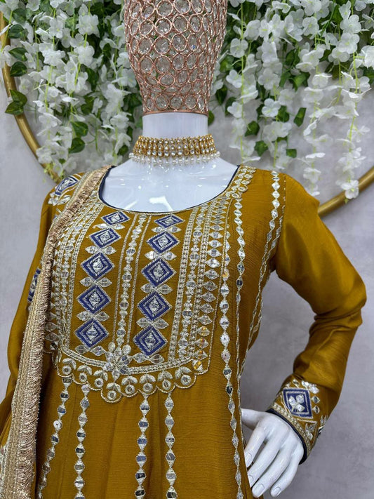 Chinon Silk with inner 9MM Sequnce with Thred work Patiyala Suit