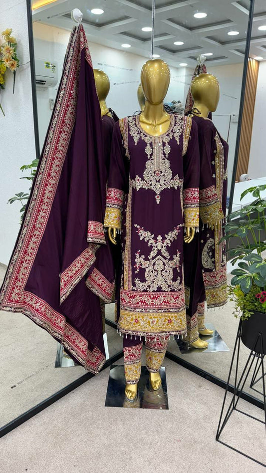 Pure Chinnon Silk With Heavy Embroidery Cording Sequence Work And Full Sleeve Kurti