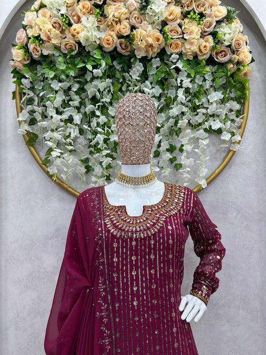 New Maroon Faux Georgette With Real Mirror Kurti Set For Women