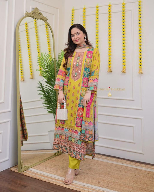 Heavy Pure Chinnon Silk With Digital Print With Real Mirror Handwork and Diamond Handwork With Full Sleeve Kurti