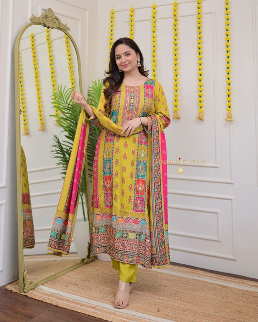 Heavy Pure Chinnon Silk With Digital Print With Real Mirror Handwork and Diamond Handwork With Full Sleeve Kurti