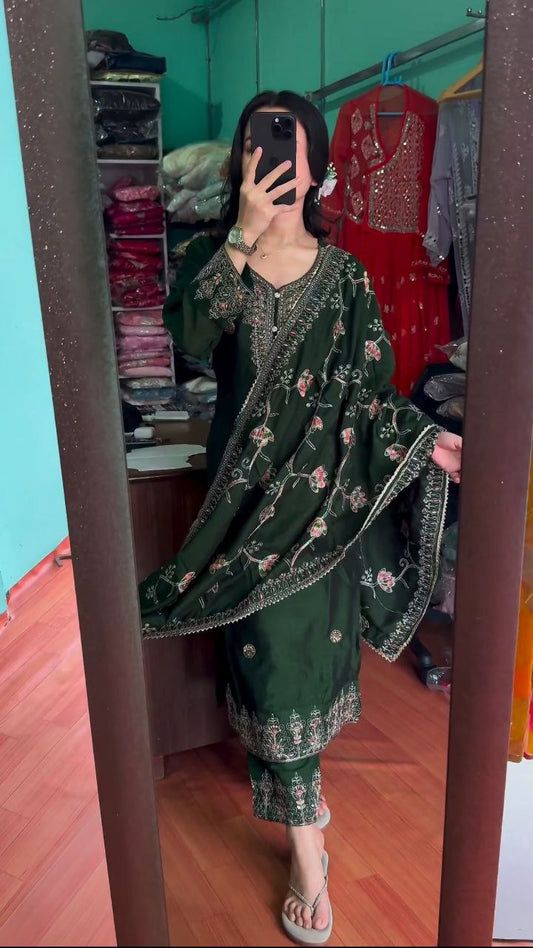 Heavy Chinon Silk With Malty Thread Embroidery Sequence Work with Sleeve Kurti&nbsp;