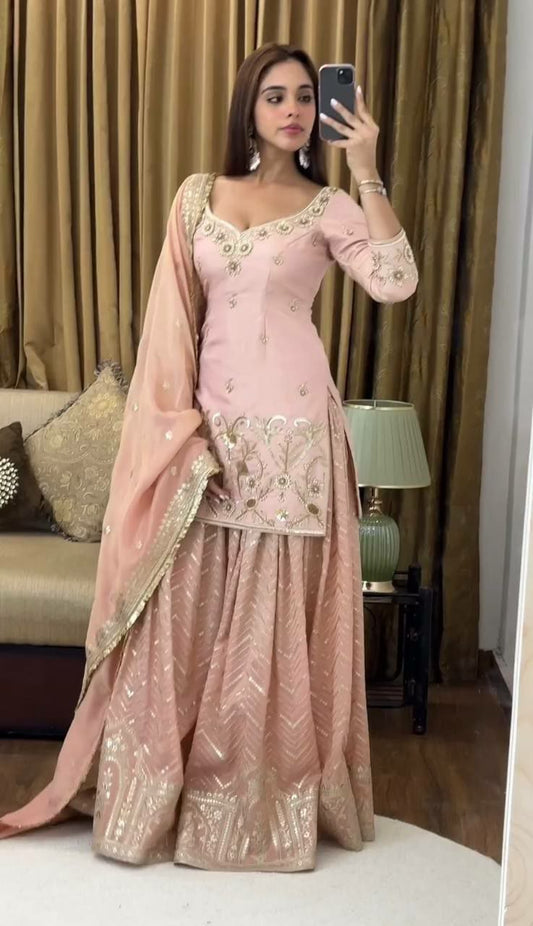 Heavy Faux Georgette With Embroidery Sequence Work with Sleeve and Heavy Lace Work Pink Sharara