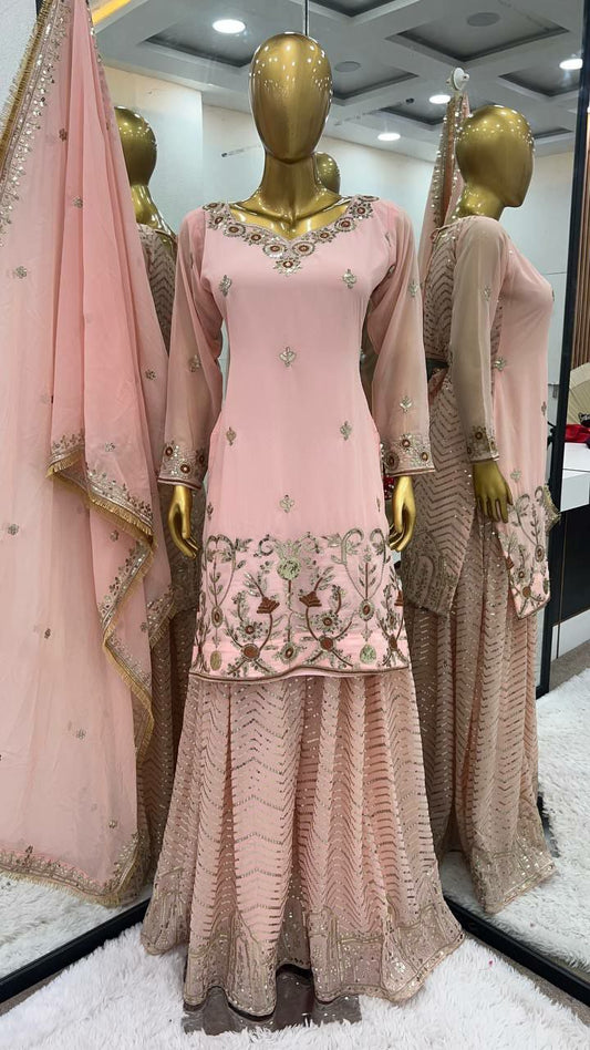 Heavy Faux Georgette With Embroidery Sequence Work with Sleeve and Heavy Lace Work Pink Sharara