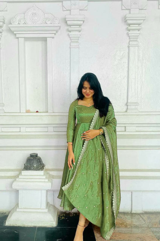 Pure Fancy Twil Gold Net With Embroidery 5 mm Sequence Work With Tassels With Sleeve Gown