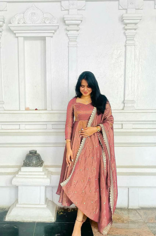 Pure Fancy Twil Gold Net With Embroidery 5 mm Sequence Work With Tassels With Sleeve Gown