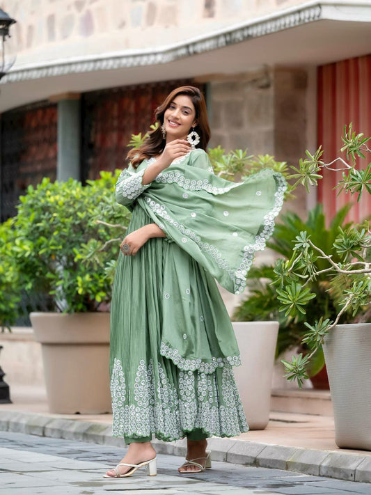 Pure Chinon Silk &amp; Crush With 5mm Sequence Embroidery Work With Fancy Full Sleeves ANARKALI