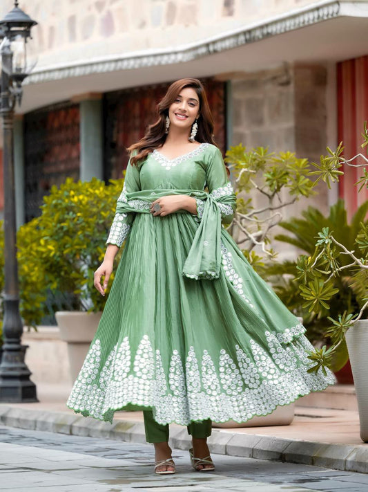 Pure Chinon Silk &amp; Crush With 5mm Sequence Embroidery Work With Fancy Full Sleeves ANARKALI