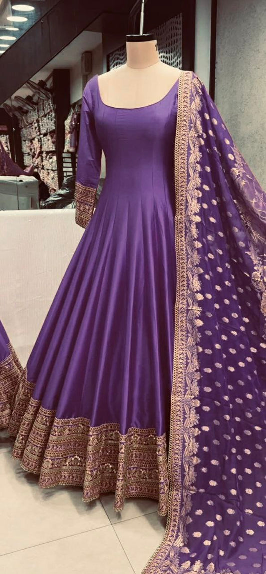 Heavy Chinon Silk With Full Heavy Embroidery Sequence Work with Sleeve Gown