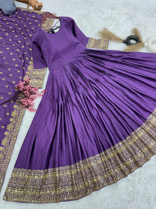 Heavy Chinon Silk With Full Heavy Embroidery Sequence Work with Sleeve Gown