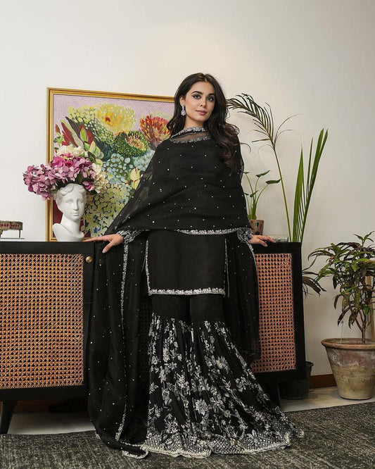 Heavy Faux Georgette With 5mm Embroidery Sequence Work With Full Sleeve Sharara