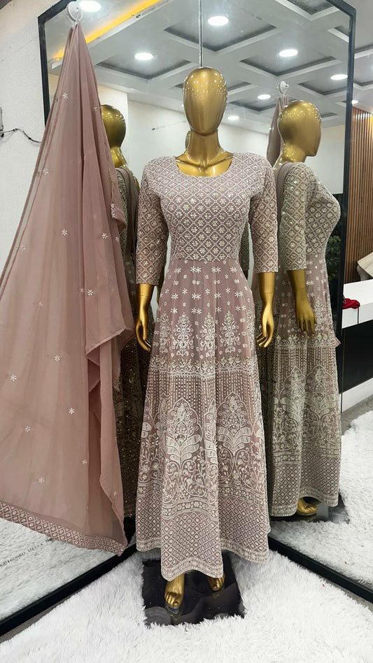Heavy Faux Georgette With Full Heavy Embroidery Sequence With Cotton Thread Work With full Sleeve Gown